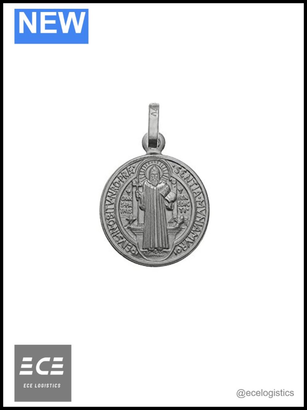 925 Sterling Silver Saint Benedict Charm Pendant Rhodium Plated 15mm